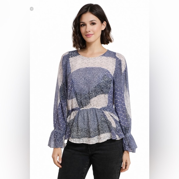 BB Dakota Tops - BB Dakota Patchwork Peplum Blouse Medium Boho Cottagecore Sheer Sleeve Ruffle